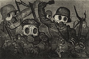 Sturmtruppe avanzano durante un attacco gas