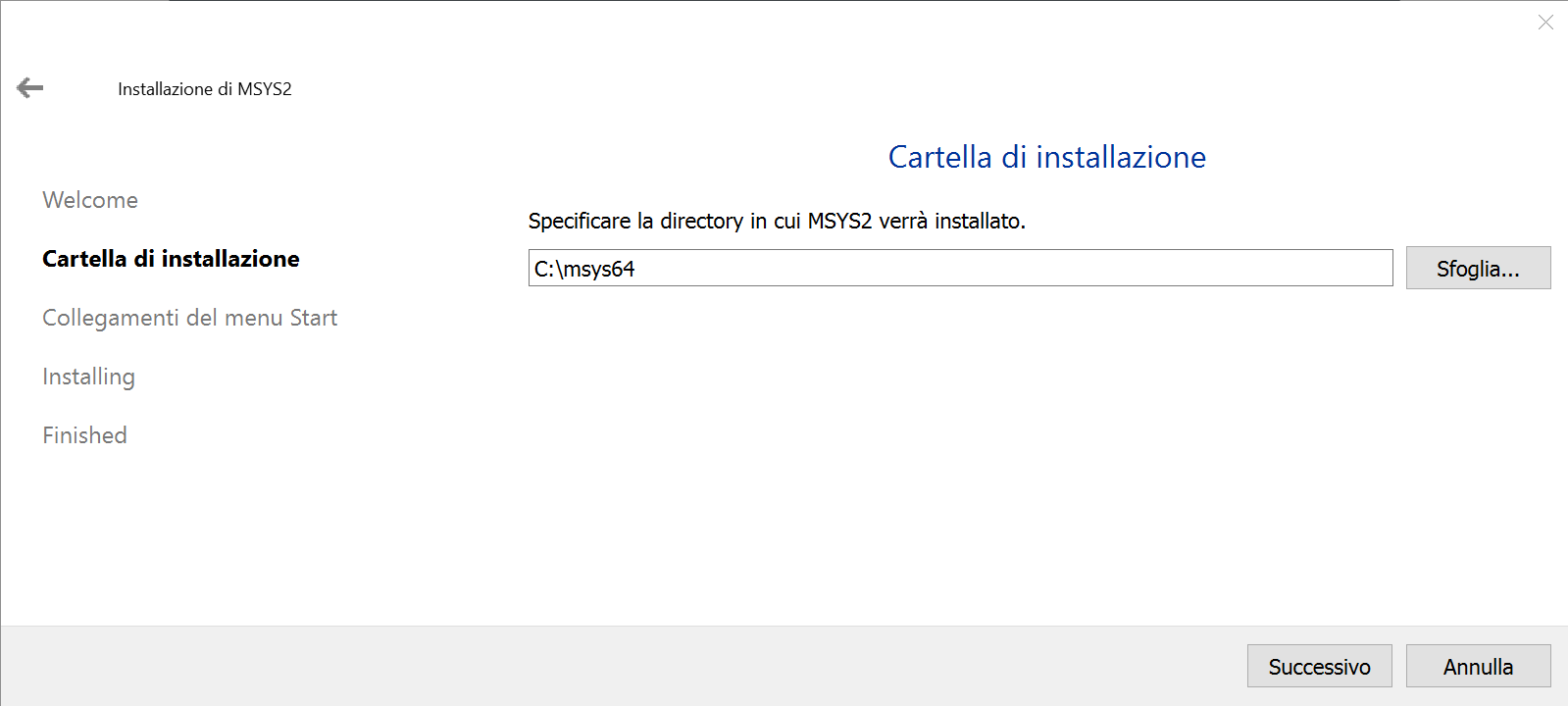 Immagine del programma msys2 durante l'installazione