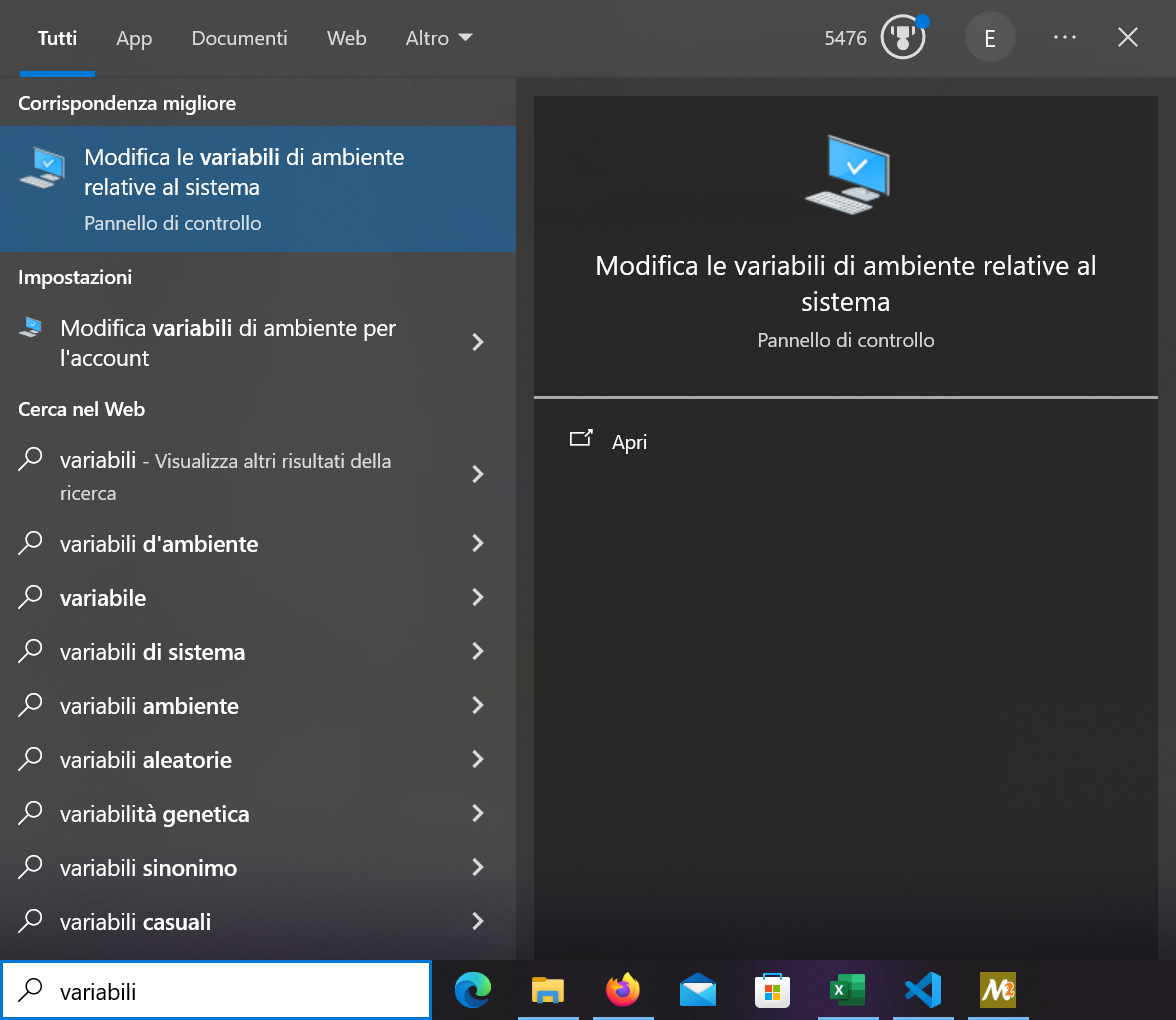 Immagine di ricerca dell'utility per la modifica delle variabili di ambiente tramite barra start